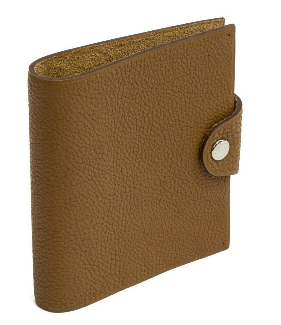 HERMES 'ULYSSE' TOGO LEATHER MINI AGENDA COVER: Hermes "Ulysse" mini agenda cover, in taupe Togo leather, having palladium Clou de Selle hardware, snap closure, measurements for shipping purposes only - approx 4.5"h, 4.25"w, 1"d, 1lbs *Provenance: