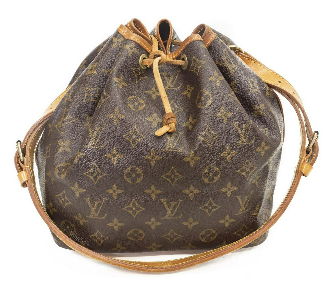 LOUIS VUITTON 'NOE' MONOGRAM CANVAS BUCKET BAG: Louis Vuitton "Noe" bucket bag, in brown and tan monogram coated canvas, with brass hardware, tan vachetta leather trim, adjustable flat shoulder strap, drawstring at front face (broken) opening to br