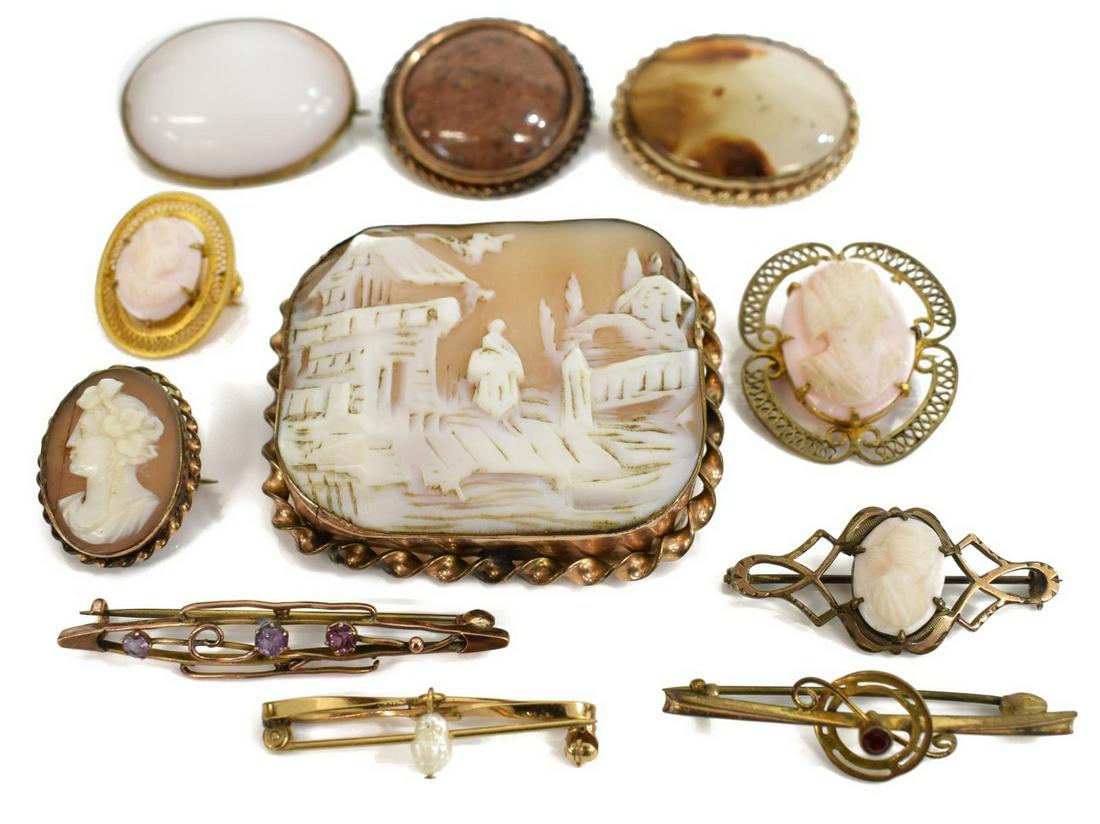 (11) VICTORIAN JEWELRY, CAMEO BROOCHES, AGATE (1 of 5)