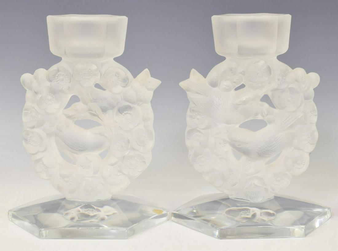 (2) LALIQUE FRANCE 'MESANGES' CRYSTAL CANDLESTICKS (1 of 3)