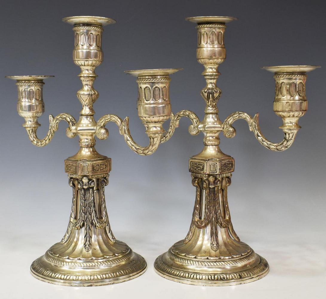 (2) ANTIQUE SILVERED BRONZE THREE-LIGHT CANDELABRA (1 of 3)