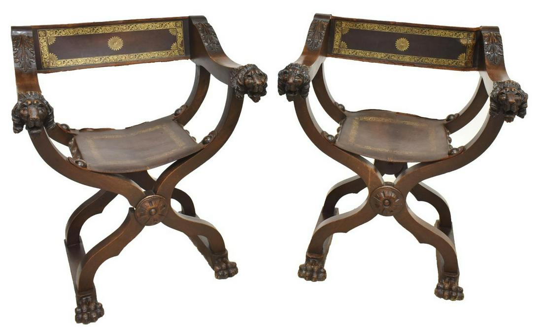 (2) ITALIAN GILT EMBOSSED LEATHER CURULE ARMCHAIRS (1 of 3)
