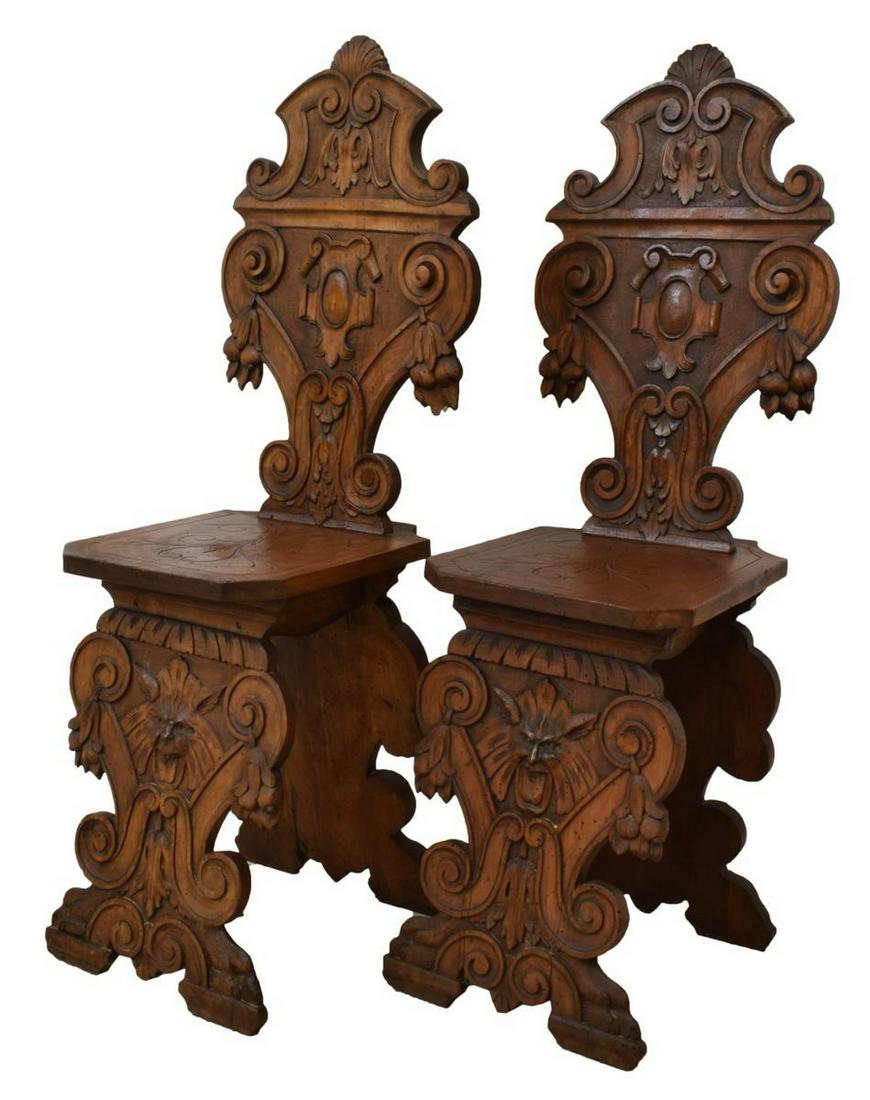(2) ITALIAN RENAISSANCE REVIVAL WALNUT HALL CHAIRS (1 of 3)