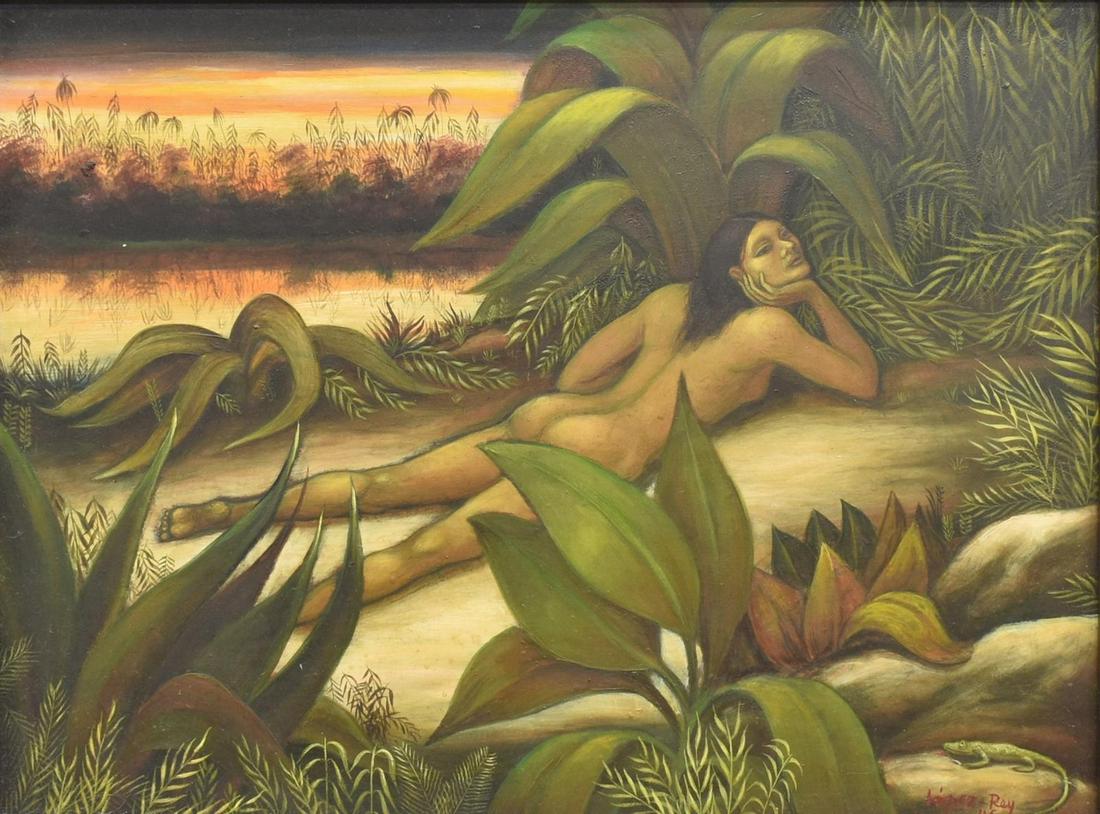 LUCIO LOPEZ-REY(1904-1957) RECLINING NUDE PAINTING: Framed oil on masonite painting, Reclining Nude in Tropical Forest, singed lower right Lopez-Rey (Lucio Lopez-Rey, Spain, 1904-1957), dated 1946, sight approx 11.25"h, 15"w, overall: approx 17.25"h, 2