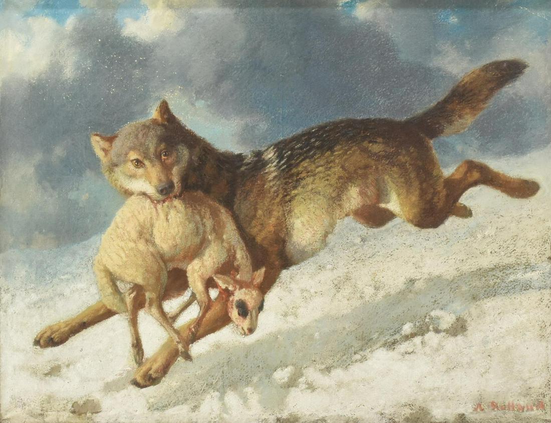 AUGUSTE ROLLAND (1797-1859) PASTEL WOLF W/ SHEEP (1 of 5)
