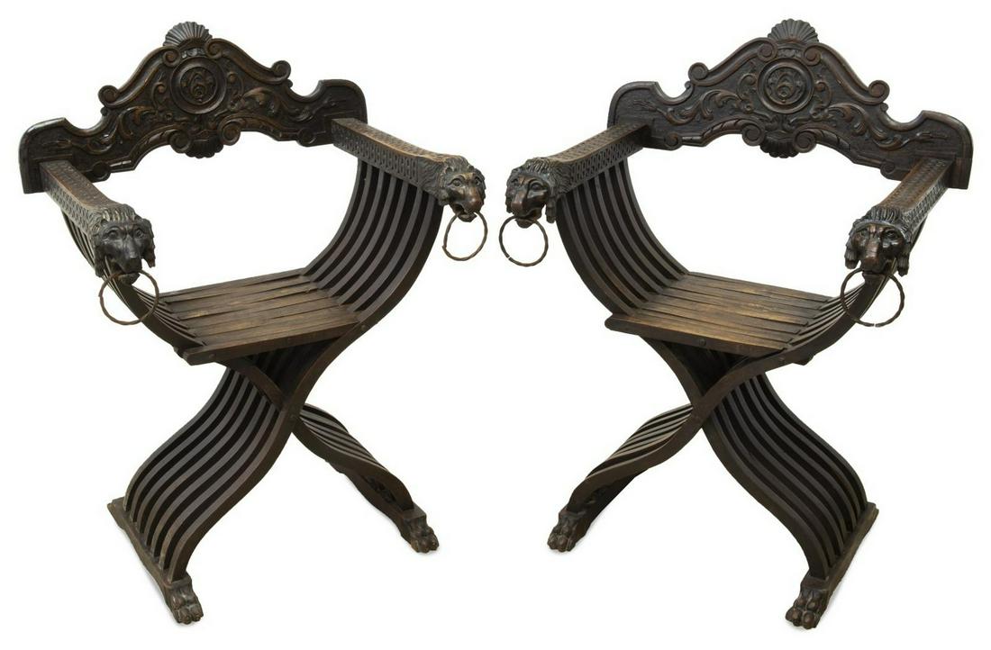 2) ITALIAN WALNUT SAVONAROLA SLATTED CURULE CHAIRS (1 of 2)