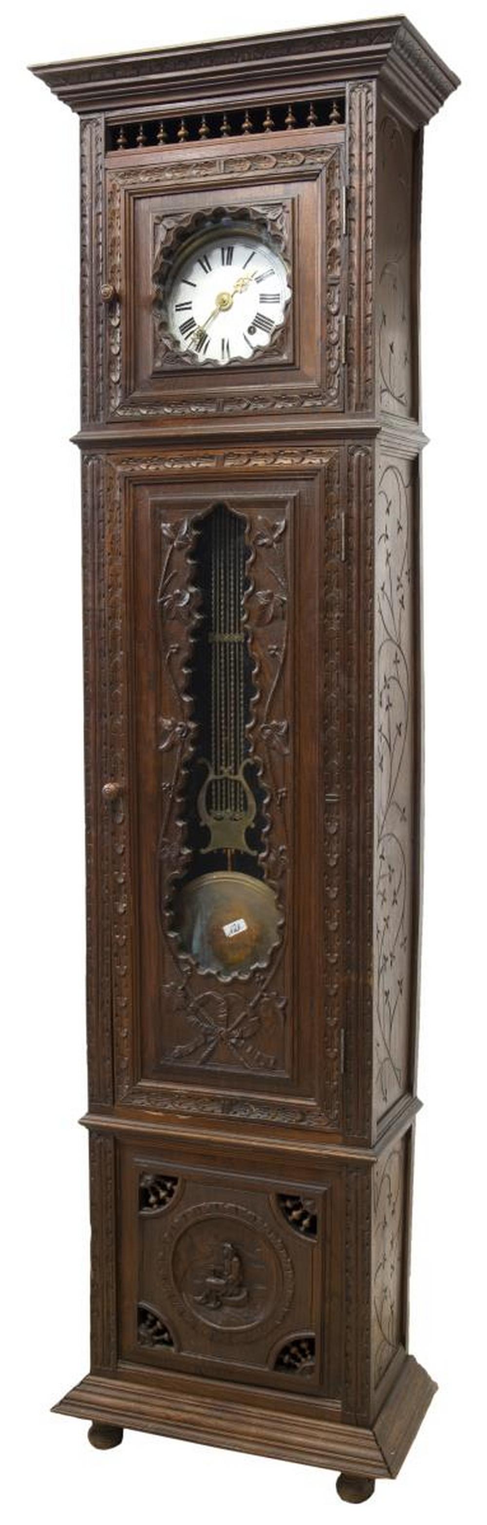 FRENCH BRETON CARVED OAK STANDING LONGCASE CLOCK (1 of 4)