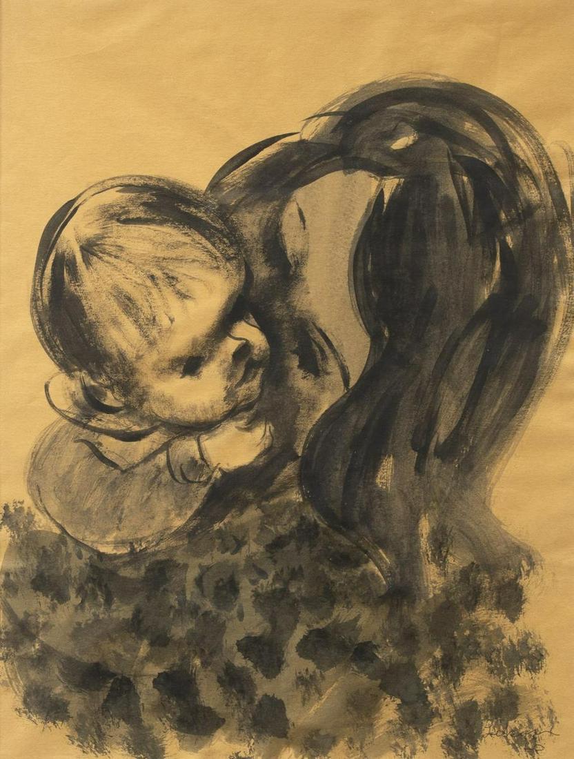 GUSTAV LIKAN (D.1998) MOTHER & CHILD INK PAINTING: Framed ink painting on paper, Mother and Child, signed lower right Likan (Gustav Likan, Texas, Illinois, Germany, 1912-1998), dated 1960, sight: approx 12.75"h, 9.75"w, overall: approx 21"h, 17"w, 4.2