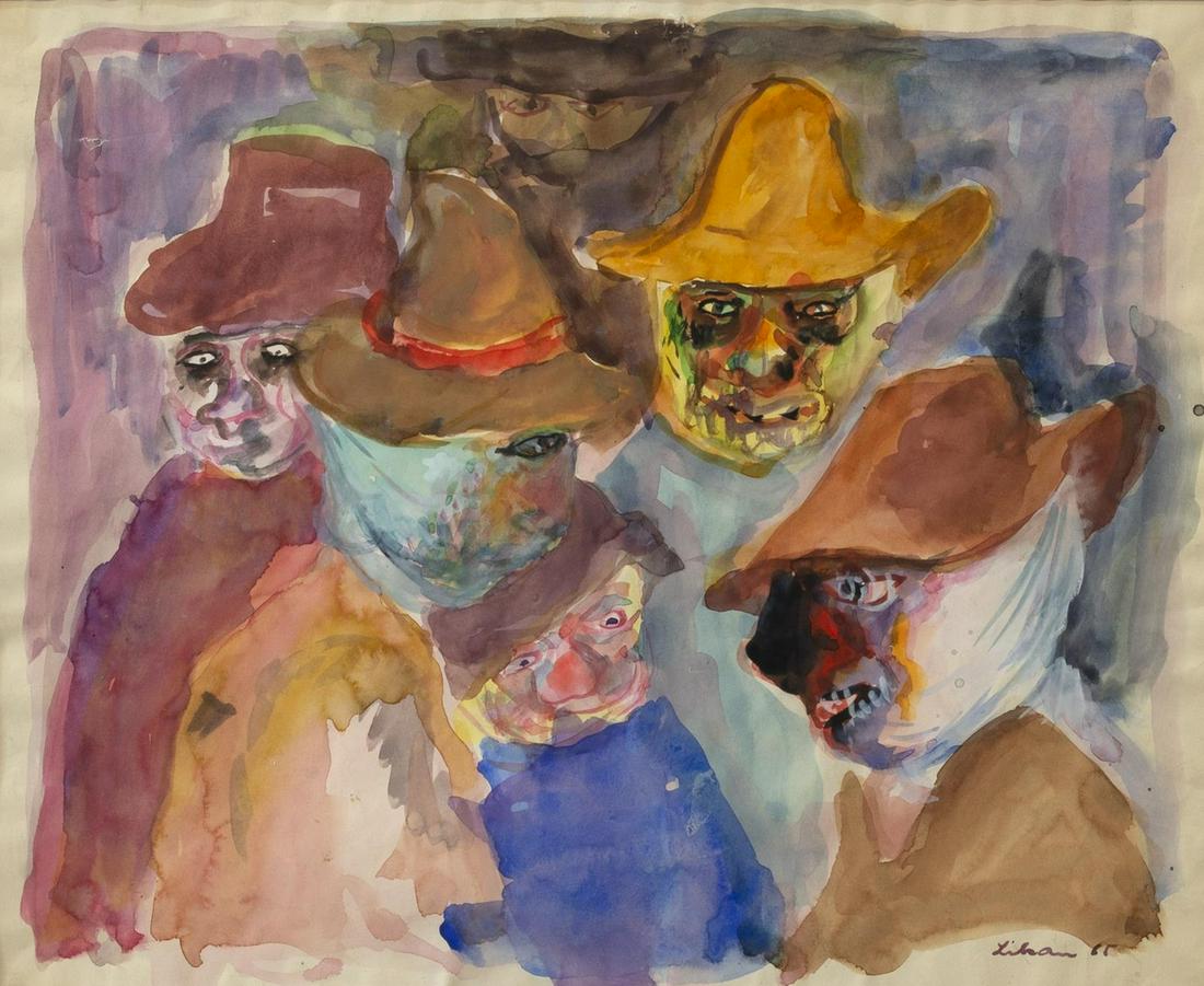 GUSTAV LIKAN (D.1998) FIGURAL WATERCOLOR PAINTING: Framed watercolor painting on paper, Men in Hats, signed lower right Likan (Gustav Likan, Texas, Illinois, Germany, 1912-1998), dated 1965, sight: approx 13"h, 16"w, overall: approx 21.25"h, 24.25"w,