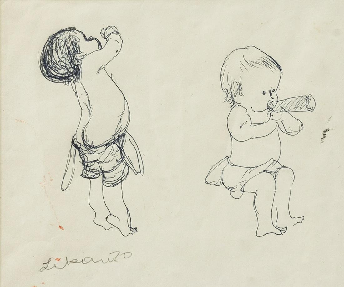 GUSTAV LIKAN (D.1998) INK SKETCH TWO BABIES: Framed ink drawing on paper, Two Babies, signed lower left Likan (Gustav Likan, Texas, Illinois, Germany, 1912-1998), dated 1970, sight: approx 5.5"h, 6.5"w, overall: approx 15.75"h, 16"w, 3.5lbs Star