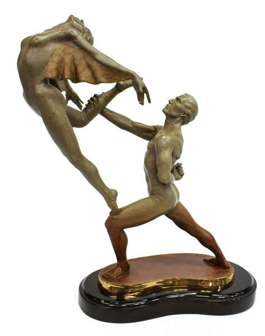 SETH VANDABLE (TX) BRONZE, 'FLIGHT OF THE SWAN': Bronze figure, "Flight of the Swan," signed in cast S. Vandable (Seth Vandable, Texas, 20th/ 21st c.), numbered 16/ 75, inspired by ballet dancers from "Swan Lake," presented on black marble base, app