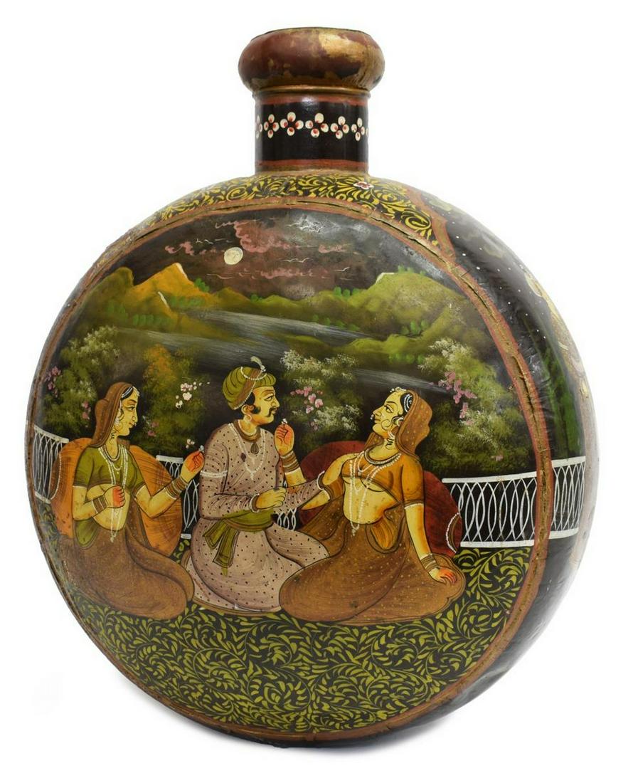 LARGE INDO-PERSIAN FIGURAL PAINTED IRON MOON FLASK (1 of 5)
