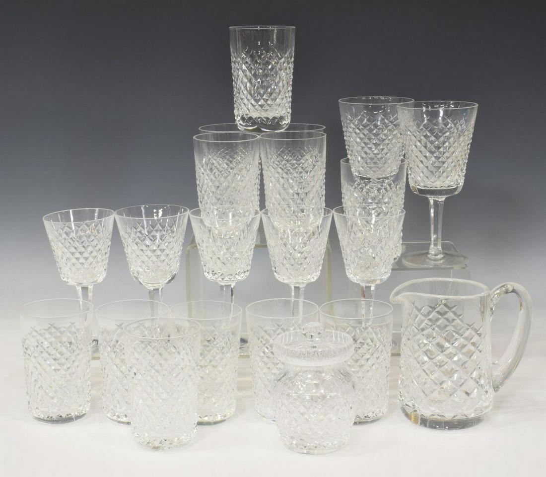 21) WATERFORD 'ALANA' CRYSTAL STEMWARE & TABLEWARE: (lot of 21) Waterford "Alana" crystal stemware and tableware, including: (2) goblets, approx 7"h, (5) claret wine stems, approx 5 7/8"h, (12) flat tumblers, approx 4.5"h, (1) small pitcher, approx 5.2