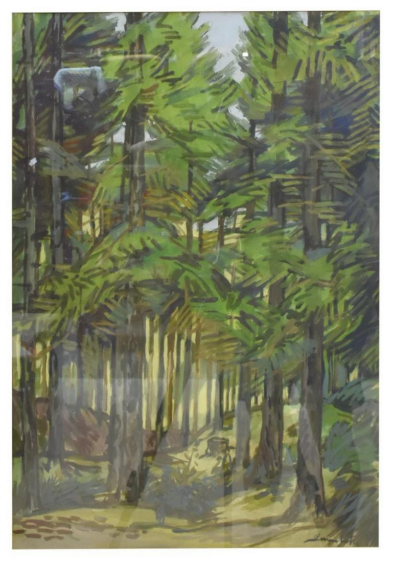 FRAMED FOREST LANDSCAPE GOUACHE PAINTING, SIGNED (1 of 4)