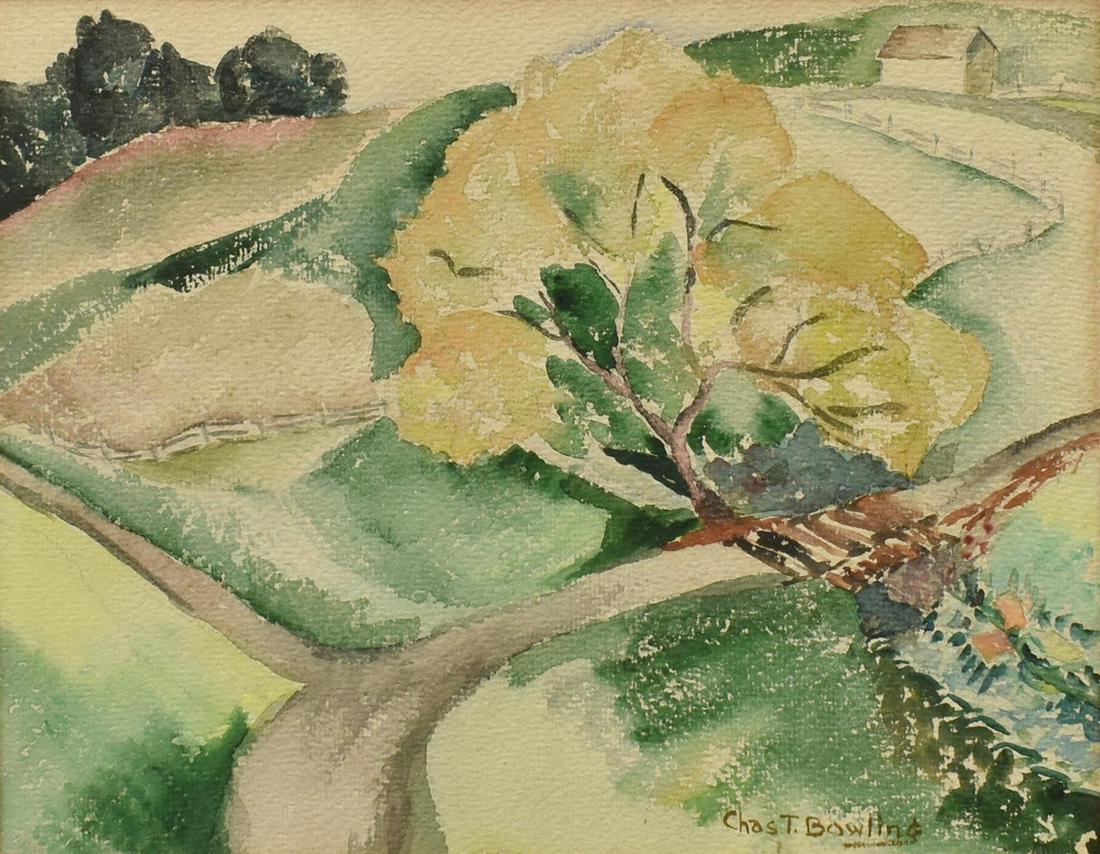 CHARLES BOWLING (1891,1985) CROSSROADS WATERCOLOR: Framed watercolor on paper, Crossroads, signed lower right Chas T. Bowling (Charles Taylor Bowling, Texas, 1891-1985), sight: 10.25"h, 13.5"w, overall: 16.5"h, 19.5"w, 3.5lbs Start Price: $800.00