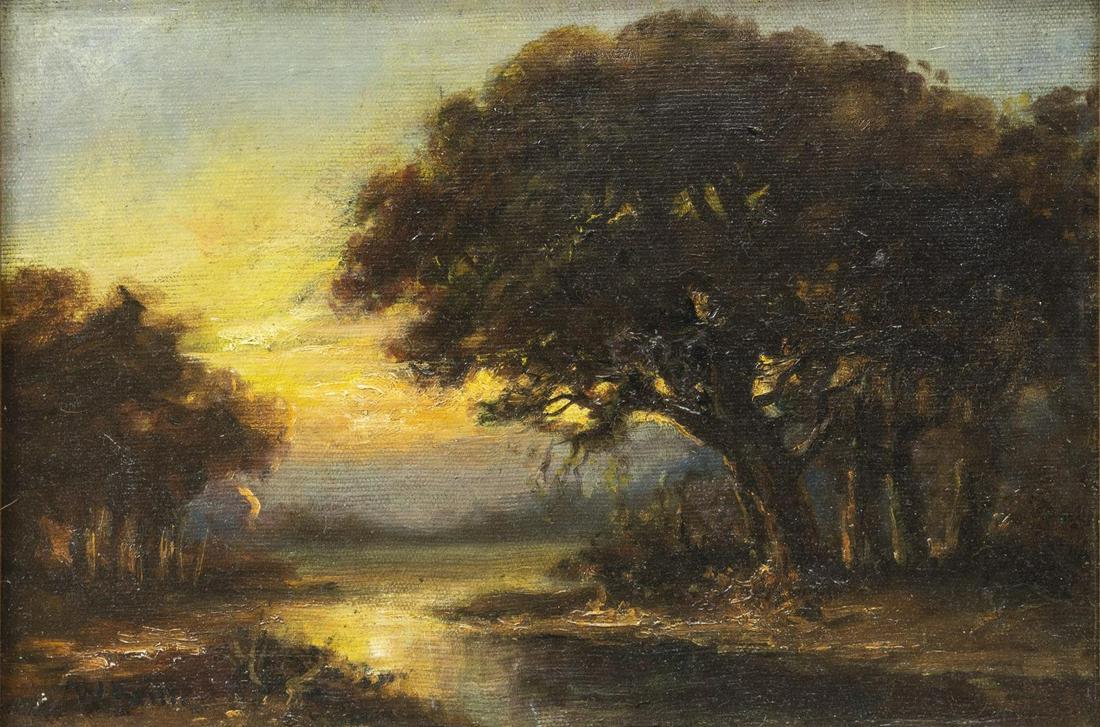WILLIAM KEITH (1838-1911) LANDSCAPE OIL PAINTING: Framed oil on canvas painting, River Landscape at Sunset, signed lower left W. Keith (William Keith, United States, Scotland, 1838-1911), sight: approx 10"h, 14"w, overall: approx 13.5"h, 18"w, 2.25lb