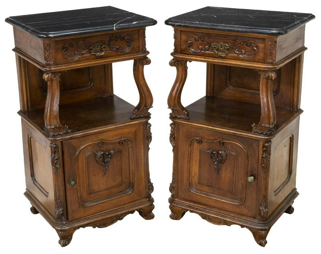 (2) FRENCH MARBLE-TOP WALNUT BEDSIDE CABINETS (1 of 4)
