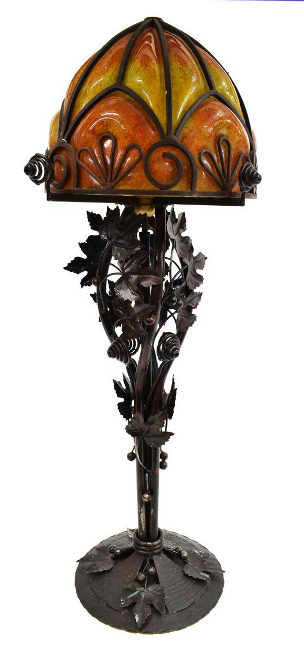 FRENCH ART NOUVEAU WROUGHT IRON & GLASS TABLE LAMP (1 of 3)