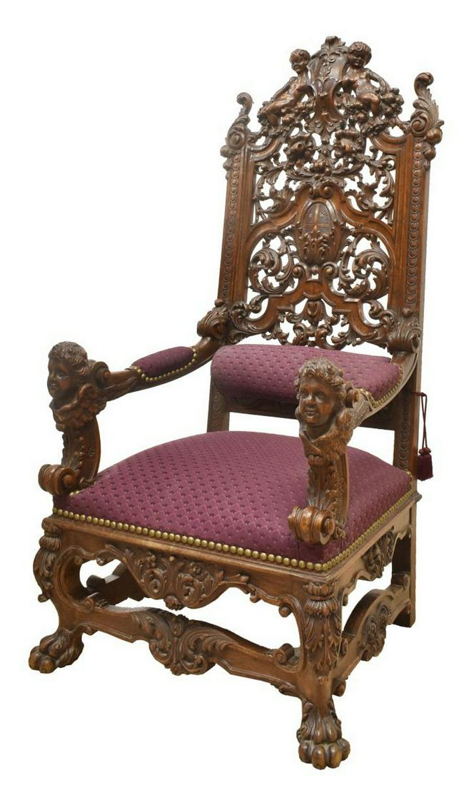 MONUMENTAL ORNATELY CARVED HERALDIC THRONE CHAIR (1 of 5)
