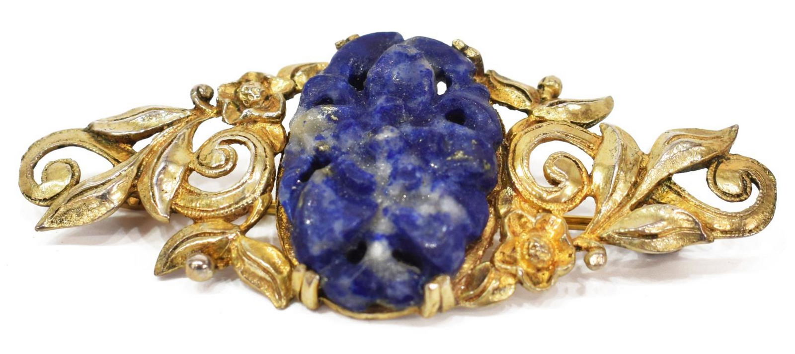 CHINESE GILT STERLING SILVER CARVED LAPIS BROOCH (1 of 3)