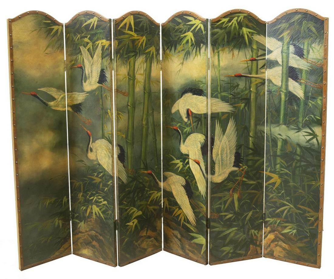 DECORATIVE PAINTED CRANES SIX-PANEL FOLDING SCREEN (1 of 3)