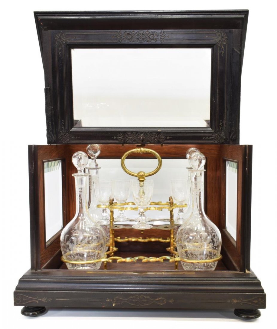VICTORIAN EBONIZED & BEVELED GLASS TANTALUS SET (1 of 5)