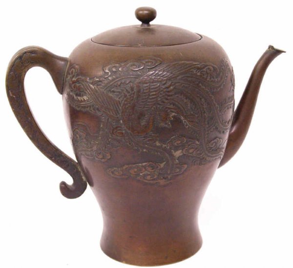JAPANESE BRONZE DRAGON PHOENIX BIRD EMBOSSED POT