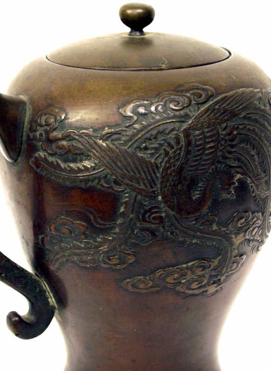 JAPANESE BRONZE DRAGON PHOENIX BIRD EMBOSSED POT - 2