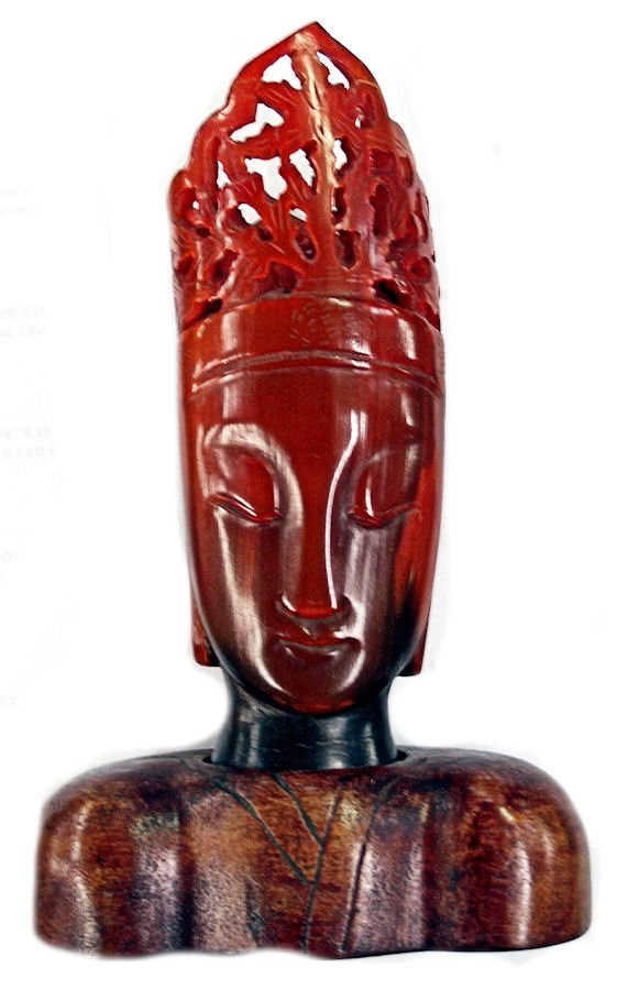CHINESE CARVED IVORY OR BONE FACE RED STAINED