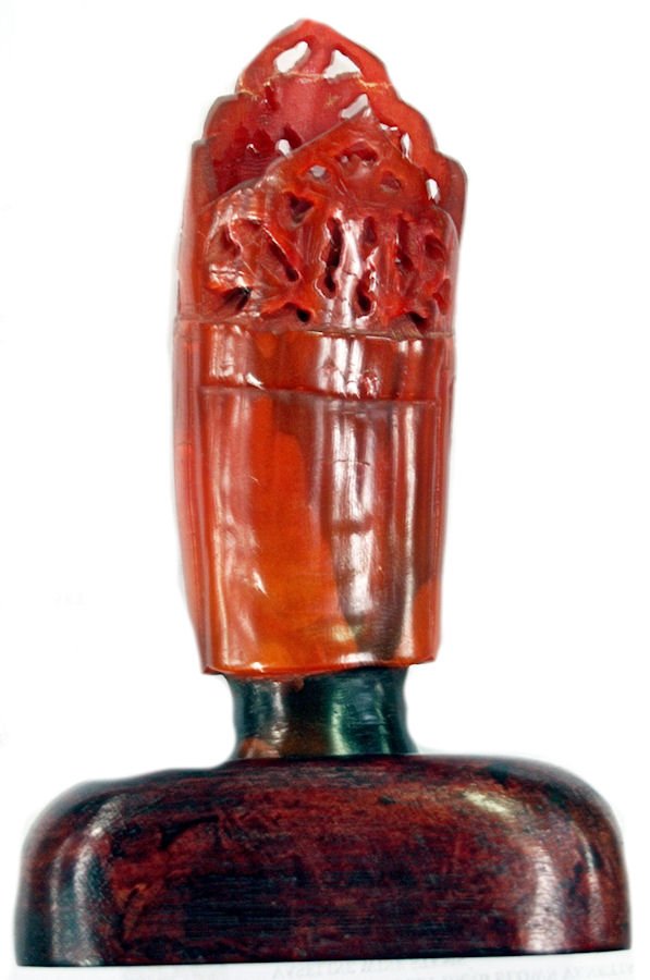 CHINESE CARVED IVORY OR BONE FACE RED STAINED - 3