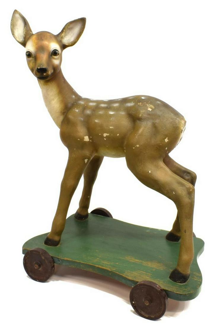 VINTAGE CARVED & PAINTED WOOD DEER FAWN PUSH TOY (1 of 4)