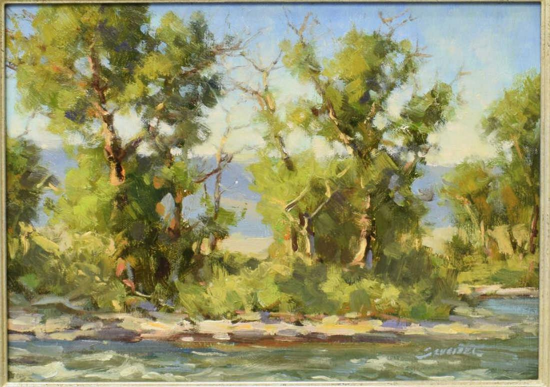 GREG SCHEIBEL (B.1961) LANDSCAPE PAINTING: Framed oil painting on canvas laid on board, "Cottonwood Riffle," signed lower left Scheibel (Greg Scheibel, United States, b.1961), signed, titled, and annotated on the reverse, approx sight: 9"h, 12