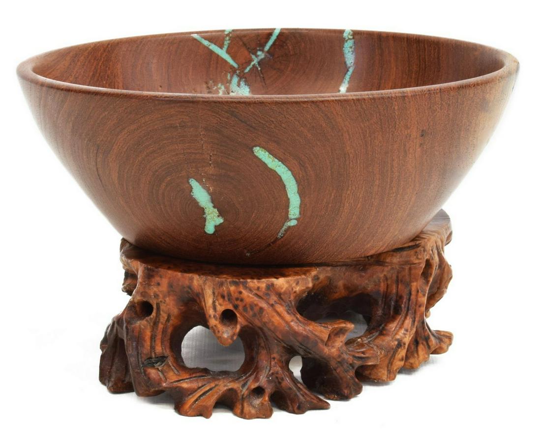 MESQUITE TURQUOISE INLAY BOWL ON TREE ROOT STAND (1 of 5)
