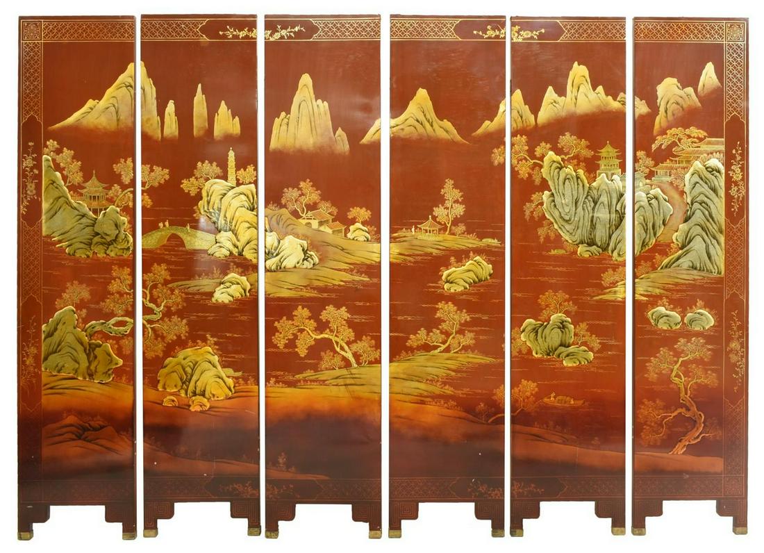 ASIAN PARCEL GILT BLACK & RED LACQUERED SCREEN (1 of 4)