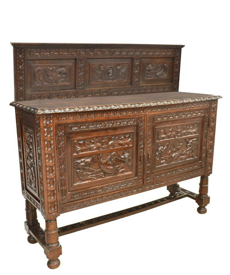 SPANISH RENAISSANCE REVIVAL CARVED OAK SIDEBOARD (1 of 6)