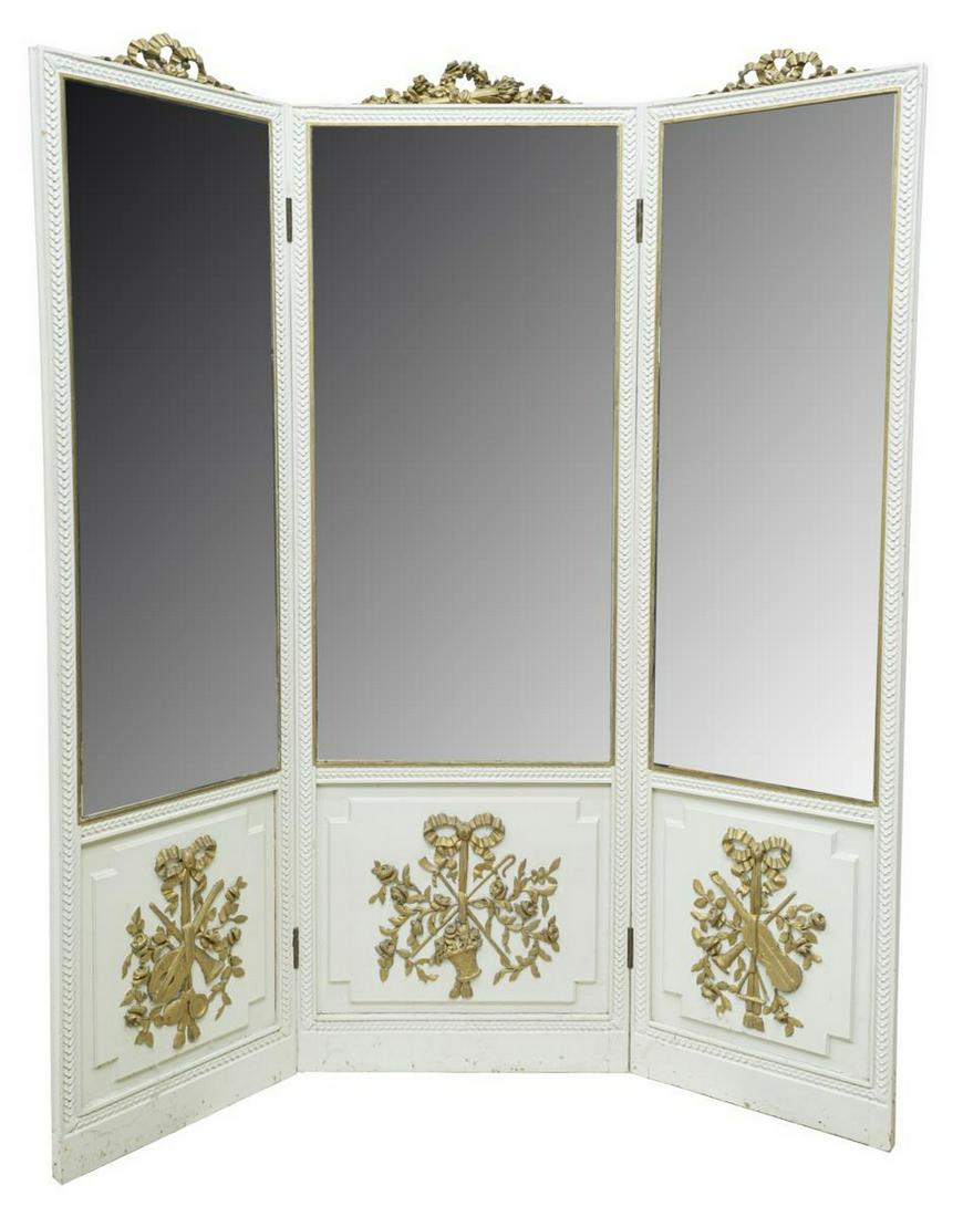 LOUIS XVI STYLE PAINTED MIRRORED 3-PANEL SCREEN (1 of 3)