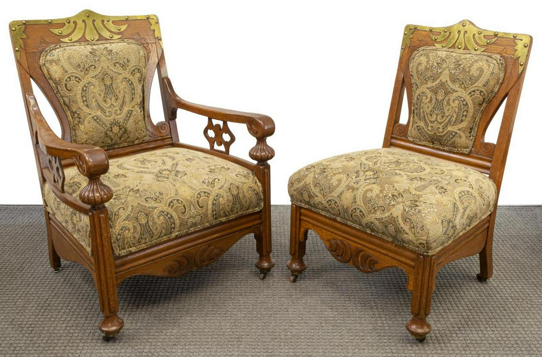 (2) AMERICAN VICTORIAN BRASS-MOUNTED OAK CHAIRS (1 of 2)