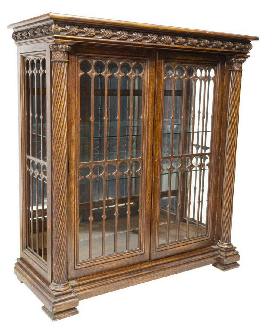 AMERCIAN GOTHIC REVIVAL OAK DISPLAY CABINET (1 of 3)