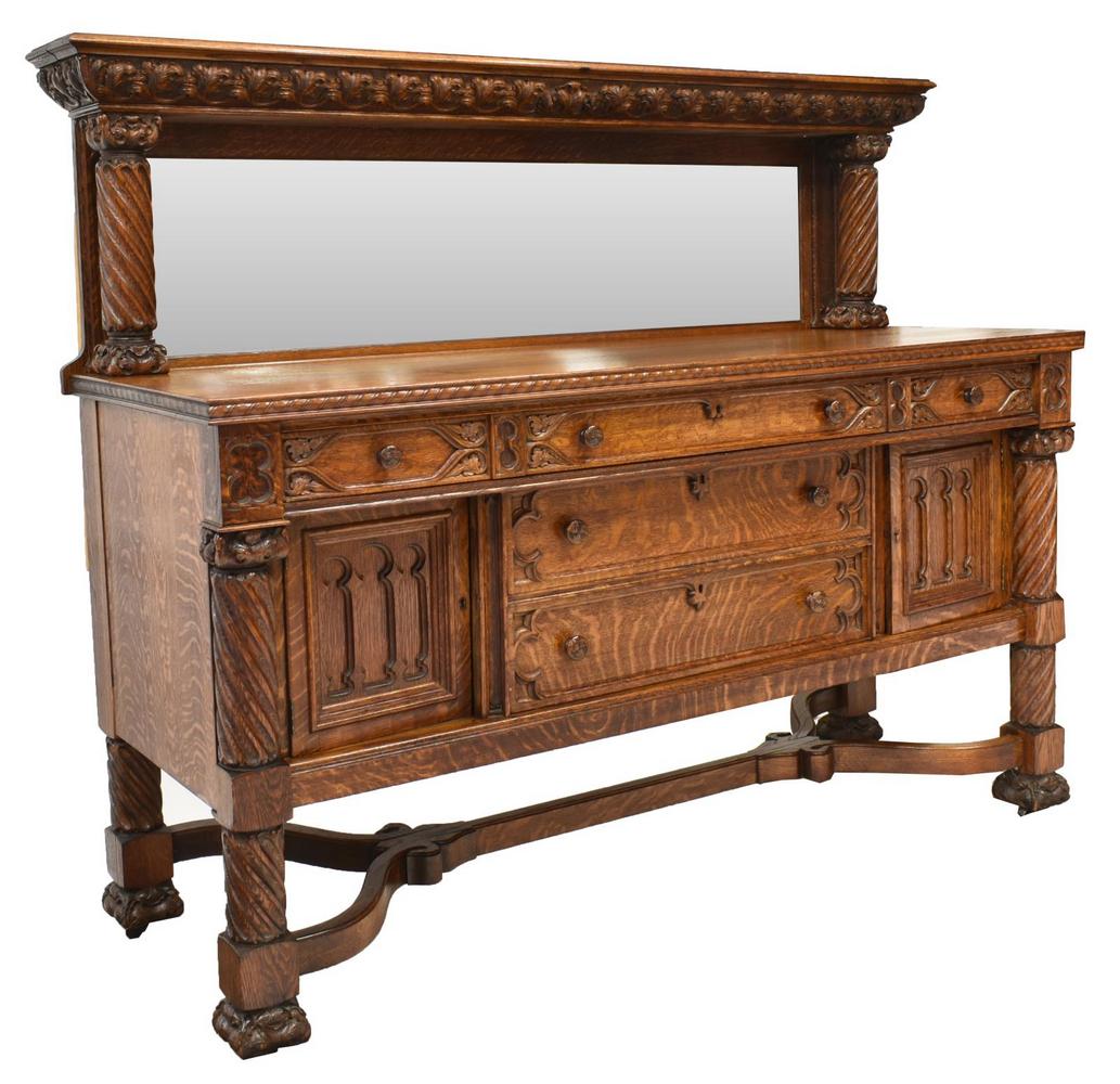 AMERICAN GOTHIC REVIVAL QUARTER SAWN OAK SIDEBOARD (1 of 6)