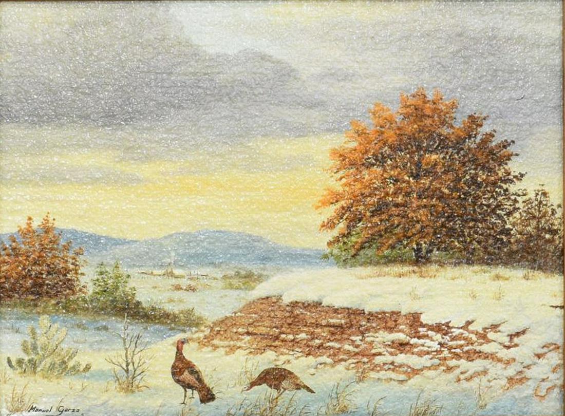 MANUEL GARZA (TEXAS, B.1940), TURKEYS IN SNOW (1 of 4)