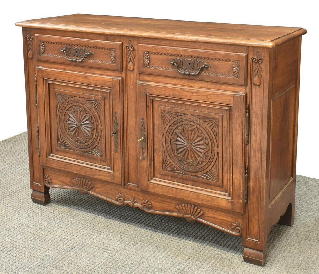 FRENCH CARVED OAK SIDEBOARD CABINET (1 of 5)