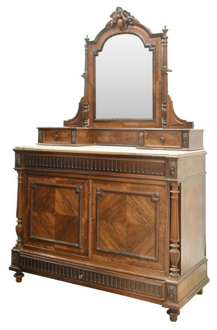 FRENCH MARBLE-TOP ROSEWOOD COMMODE & MIRROR (1 of 6)