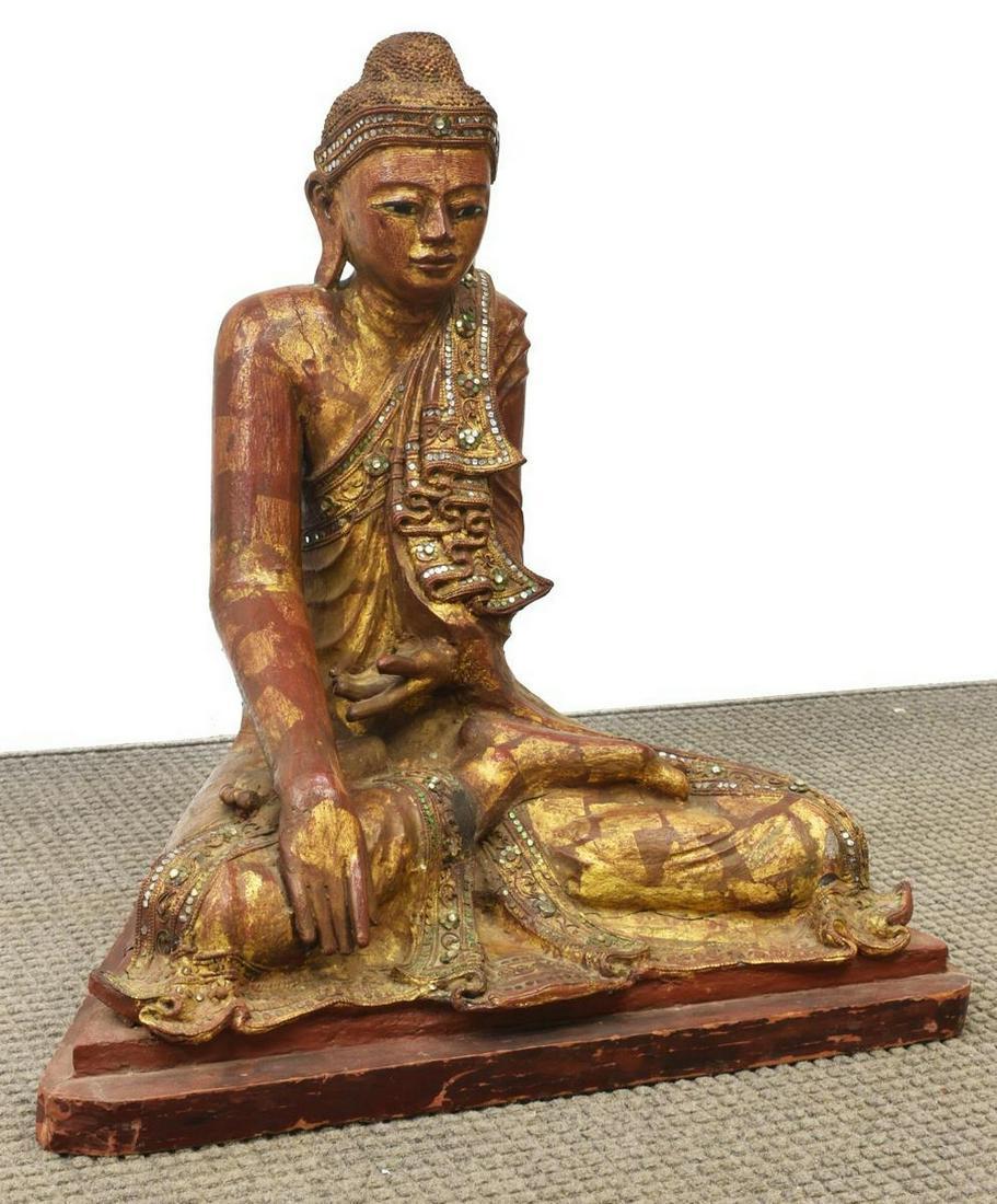 LARGE THAI PARCEL GILT WOOD SEATED BUDDHA 30"H (1 of 4)