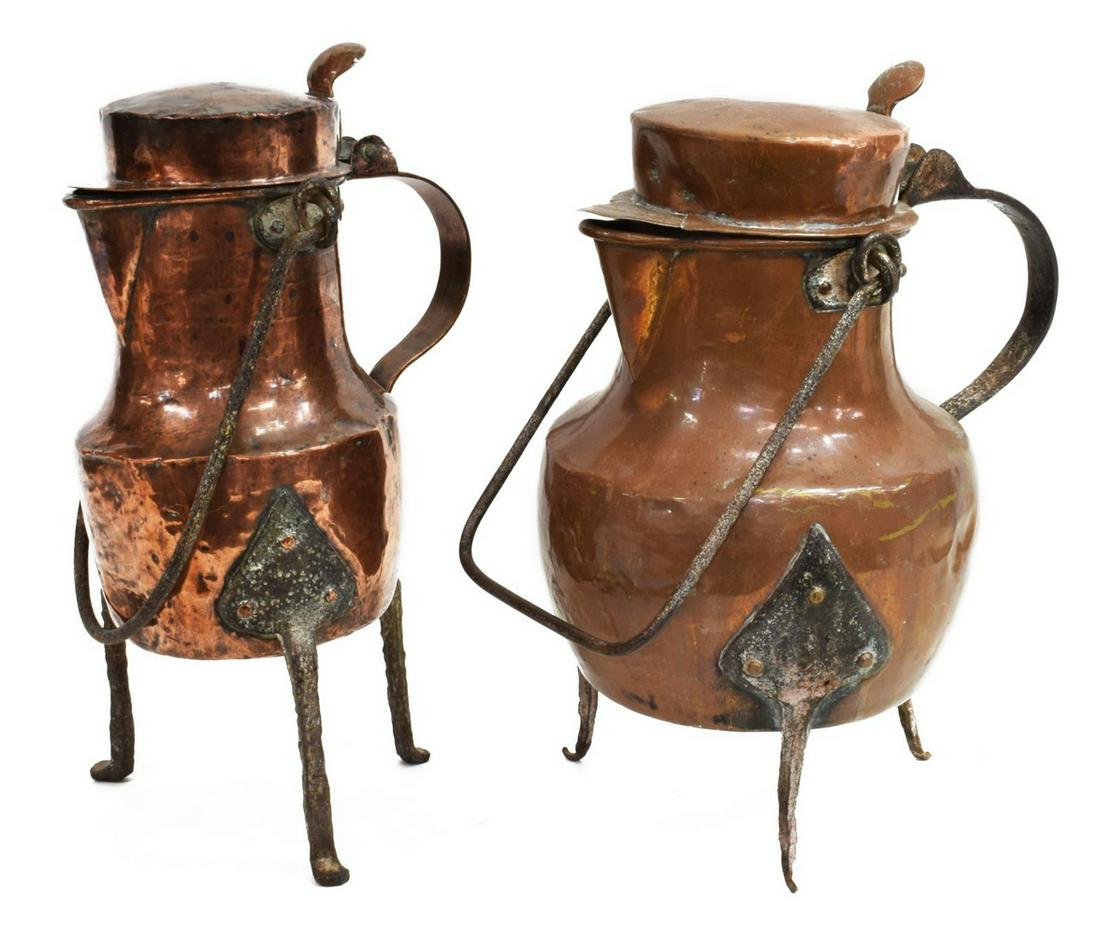 (2) LARGE FRENCH COPPER COFFEE POTS ON IRON LEGS (1 of 3)