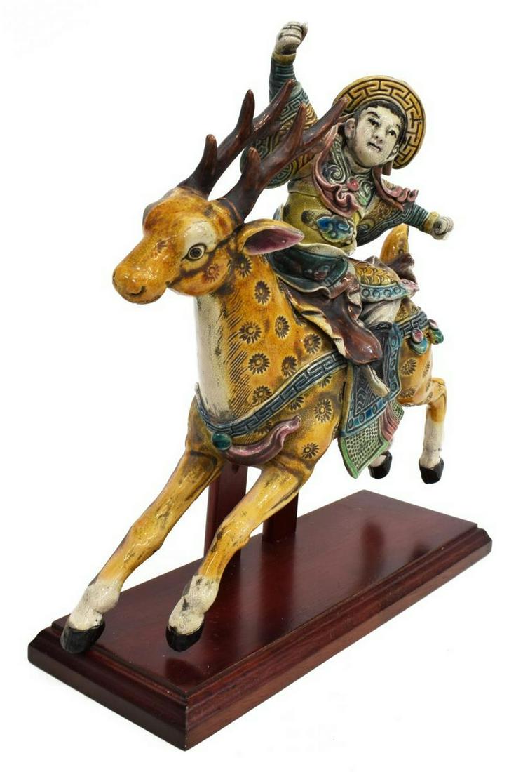 CHINESE PORCELAIN ROOF TILE, WARRIOR ASTRIDE STAG (1 of 5)