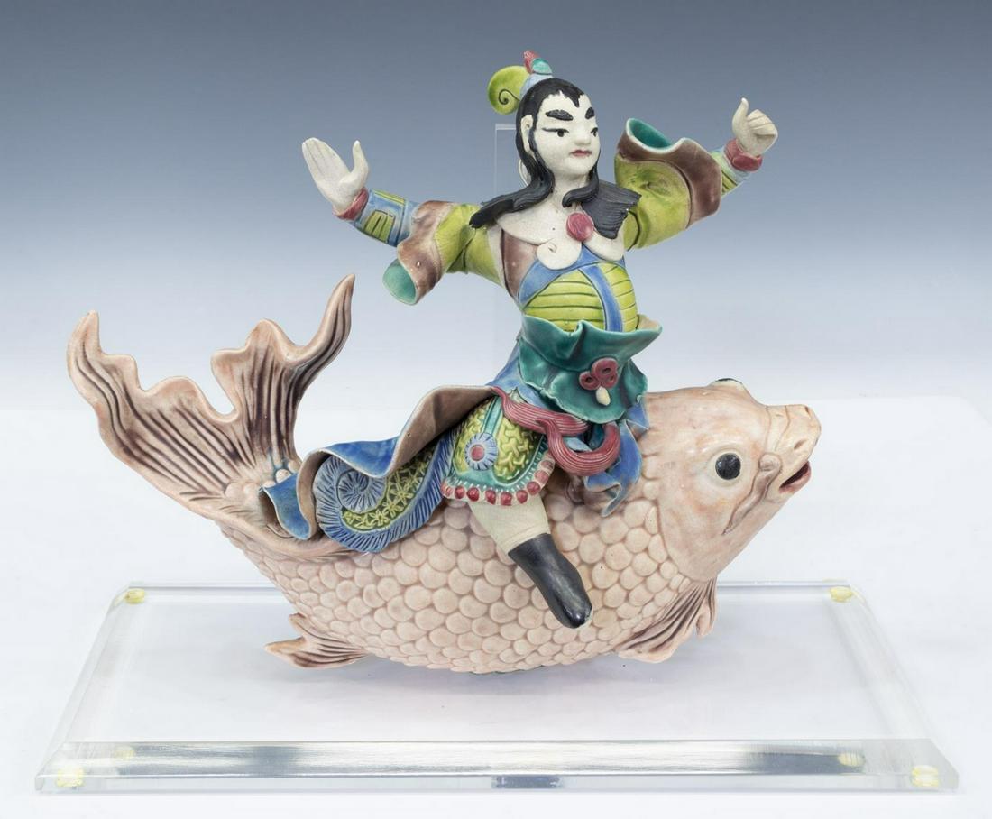 CHINESE PORCELAIN ROOF TILE, WARRIOR ASTRIDE KOI (1 of 2)