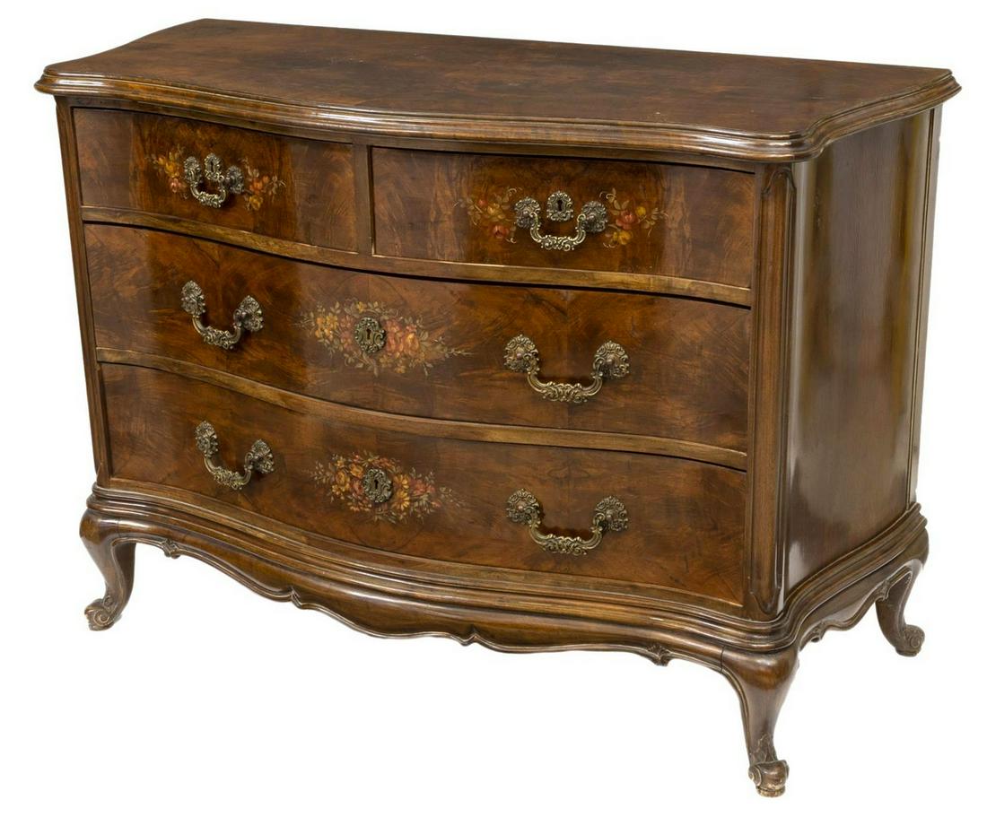 SPANISH FOUR-DRAWER FIGURED COMMODE: Spanish commode, early 20th c., serpentine-front case in matched figured veneers, fitted with two half drawers over two long drawers, drawer fronts painted with floral spray, rising on short cabriole 