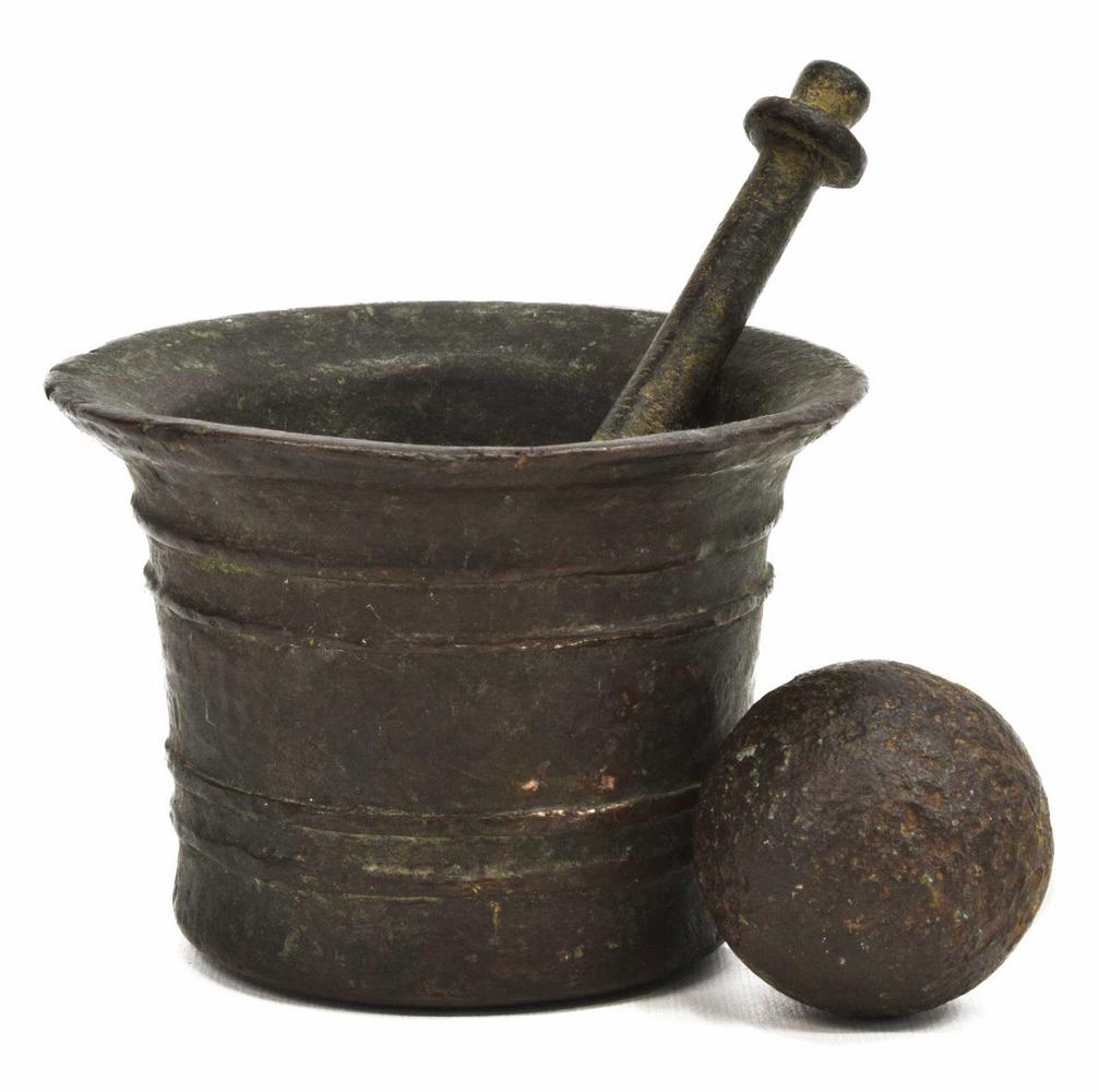 (3) BRONZE MORTAR & PESTLE, IRON CANNONBALL SHOT (1 of 2)