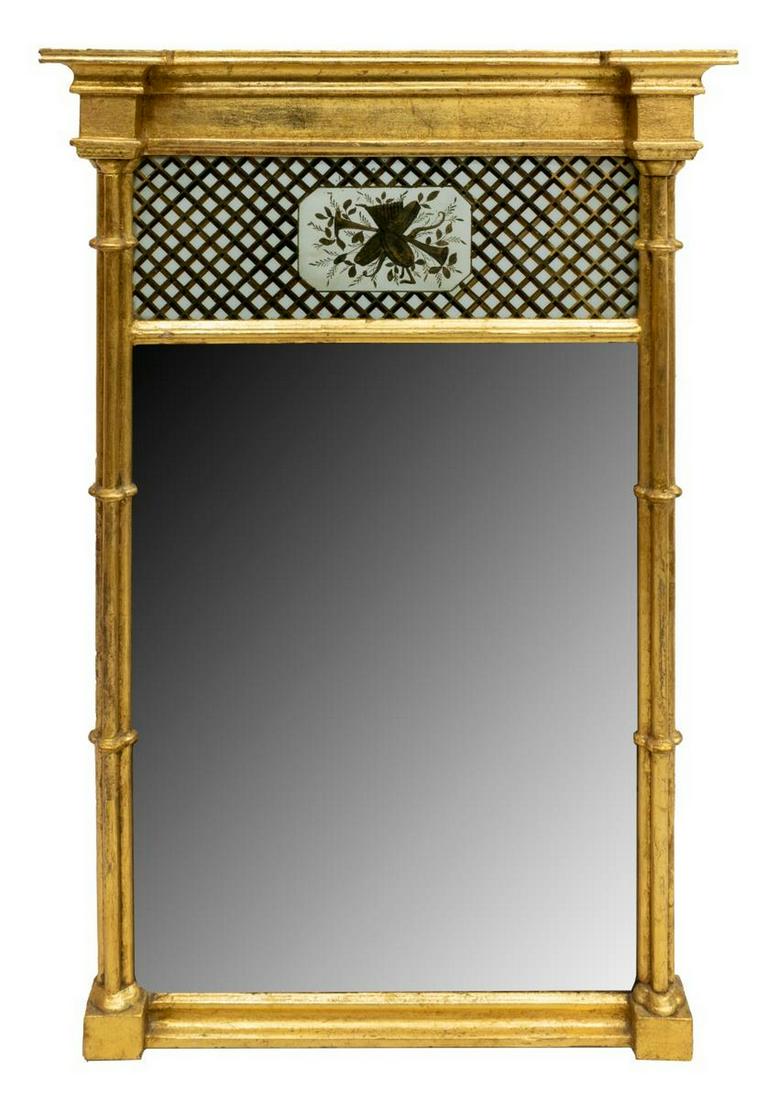 GILTWOOD REVERSE PAINTED GLASS TRUMEAU MIRROR (1 of 3)