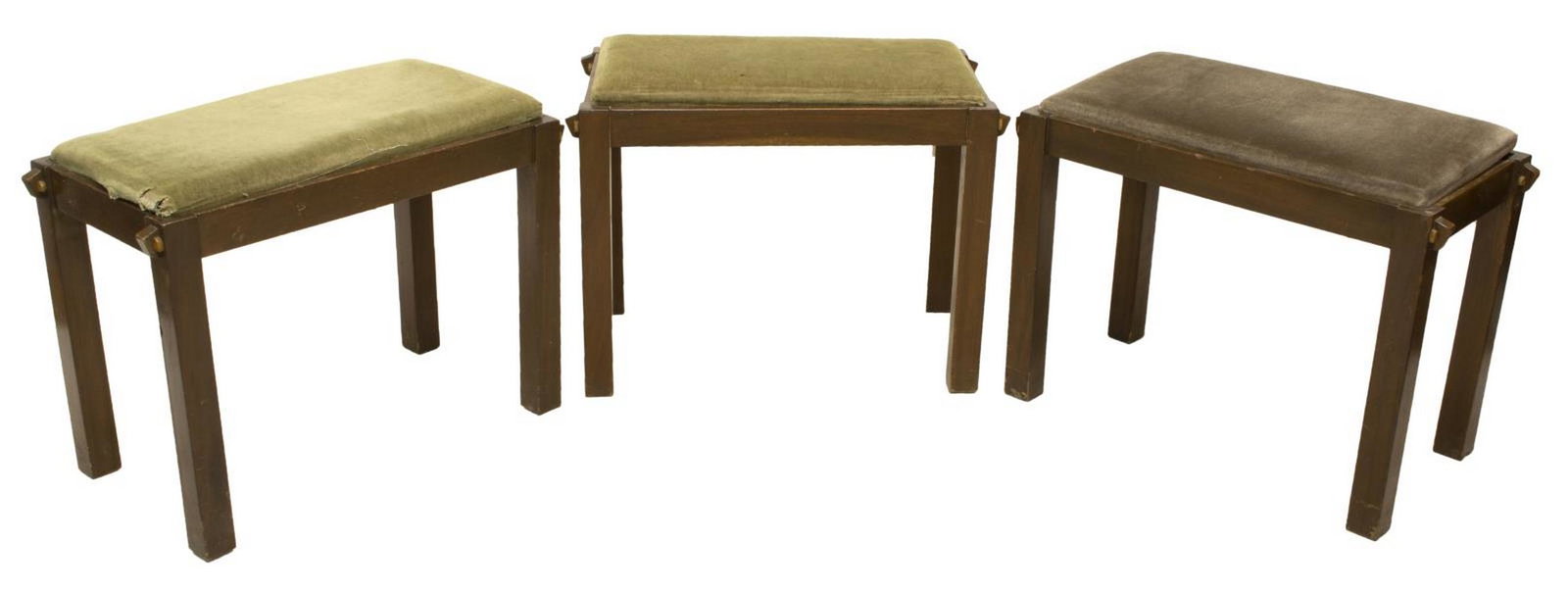 (3) SPANISH UPHOLSTERED FOOTSTOOLS BENCHES: (lot of 3) Spanish upholstered footstools/ benches, early 20th c., having velveteen upholstered slip seat, rising on four squared wood legs, approx 19"h, 25.25"w, 14"d Start Price: $60.00